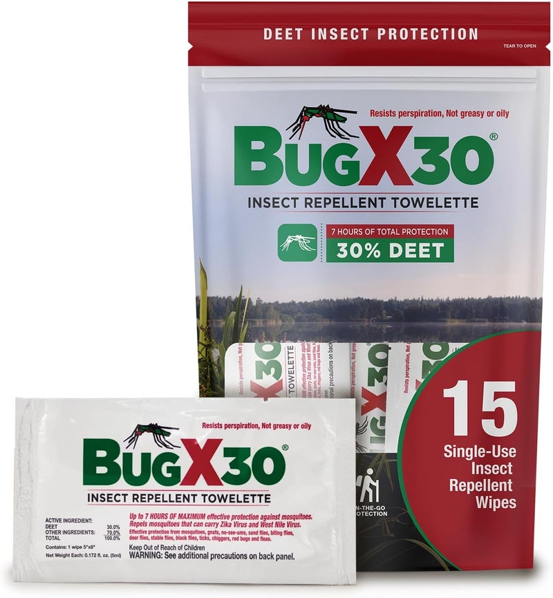 coretex Bug X 30 Mosquito, Tick, & Insect Repellent Wipes (30% DEET) with Resealable Travel Bag - Pack of 15 Single-Use Bug Repellent Wipes for Up to 7+ Hours of Protection Against 12 Types of Insects - Image 1